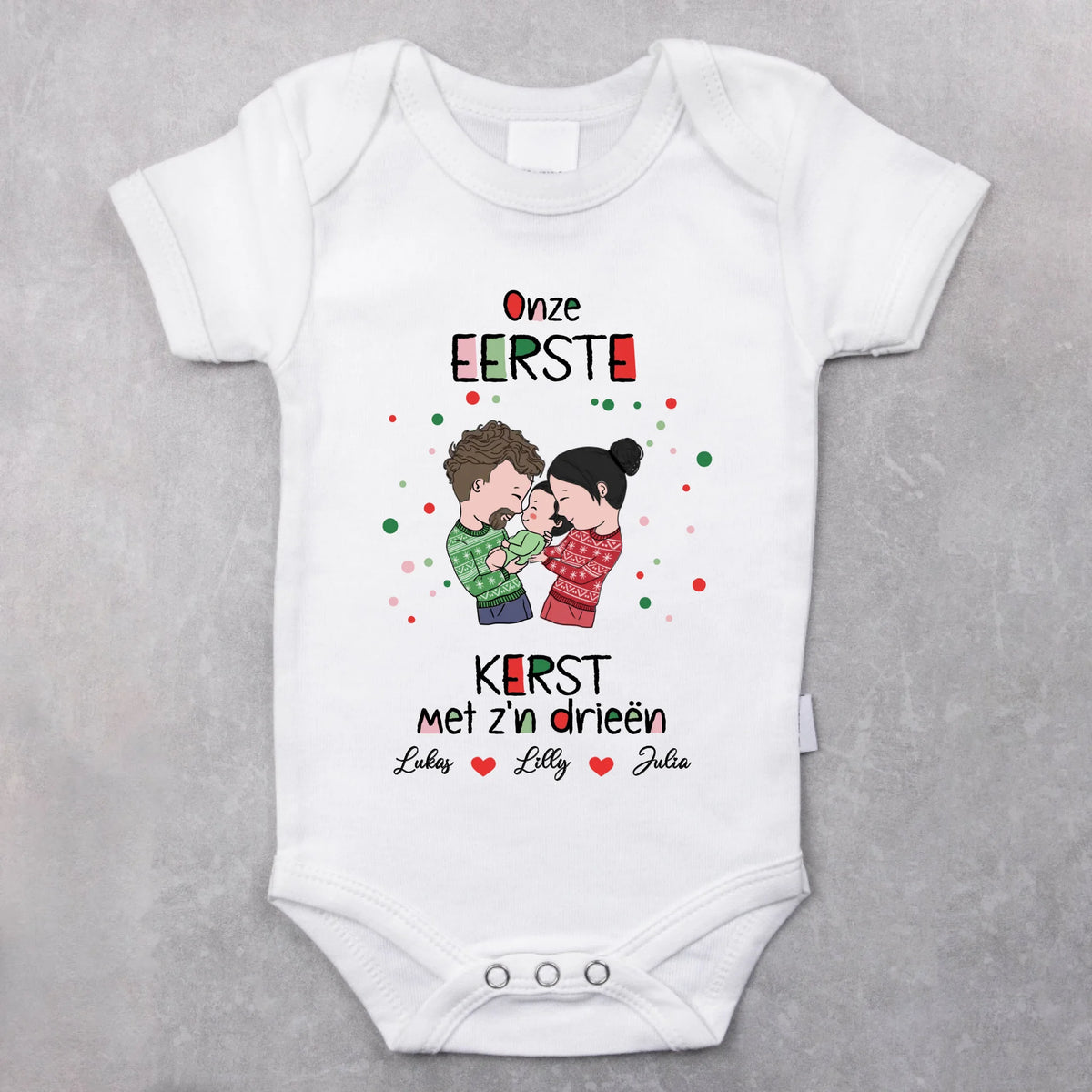 Gepersonaliseerde babybody 'Onze eerste kerst' in zacht katoen met drukknopen, ideaal als eerste kerstcadeau
