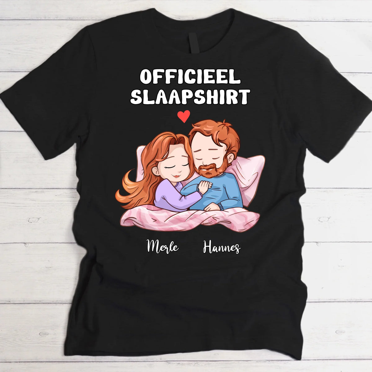 Persoonlijk slaapshirt voor koppels met aangepaste namen in duurzame DTF-print op zachte katoenen stof