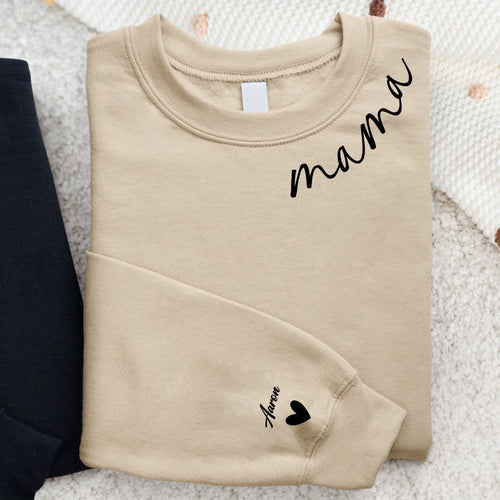 Mama Familie-Sweater in grijs met persoonlijke namenopdruk, comfortabel en machinewasbaar materiaal