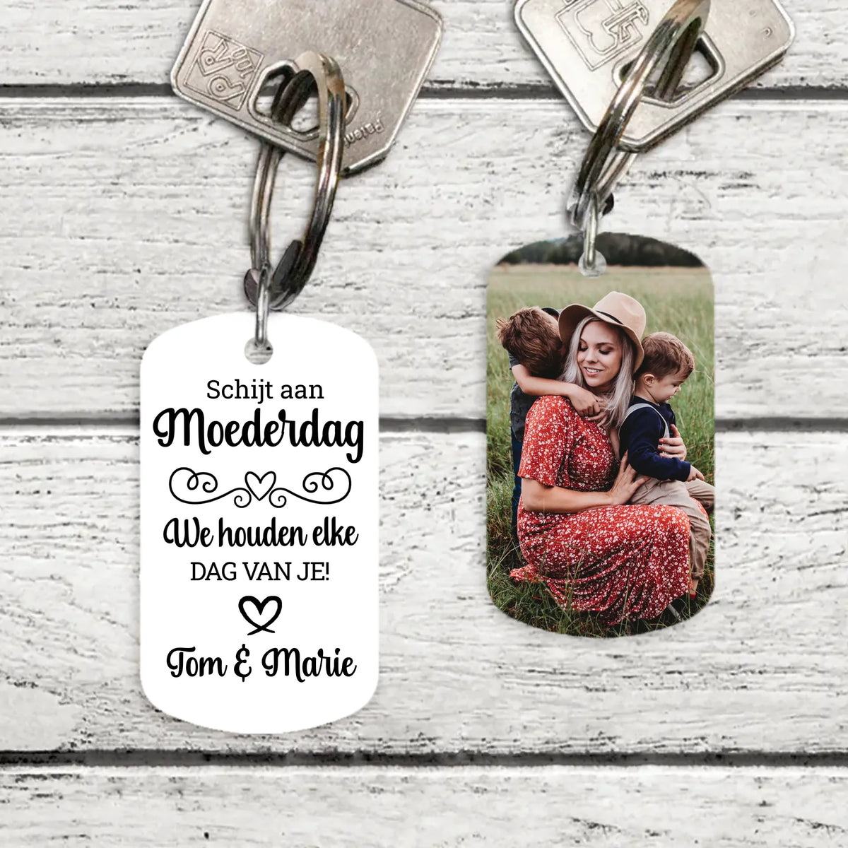 Metalen Moederdag sleutelhanger met gepersonaliseerde kleurendruk, geborsteld roestvrij staal, ouders cadeau