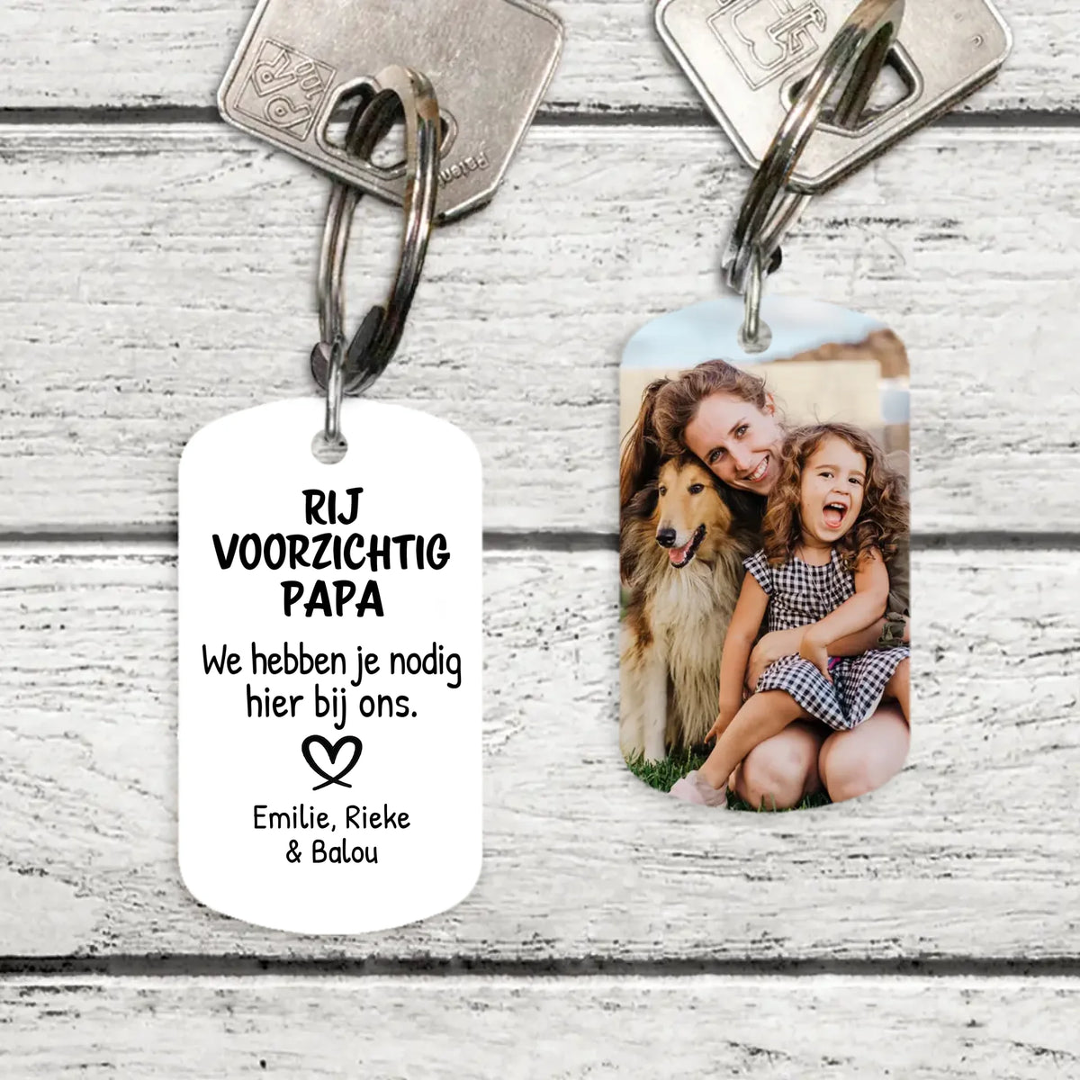 Metalen gepersonaliseerde sleutelhanger Rij voorzichtig met kleurendruk aan beide zijden, geborsteld roestvrij staal
