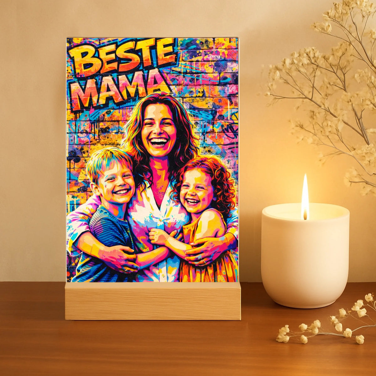 Gepersonaliseerde acryl display met streetart-effect en mama-tekst voor Moederdag