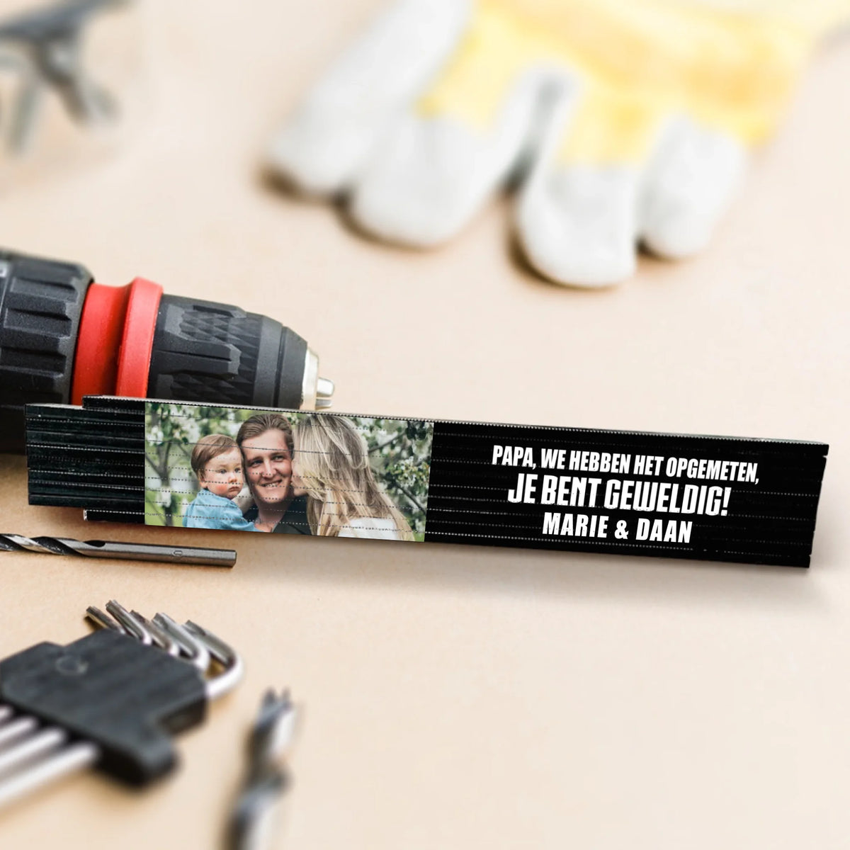 Gepersonaliseerde houten duimstok voor Papa met fotoupload en naamgravering