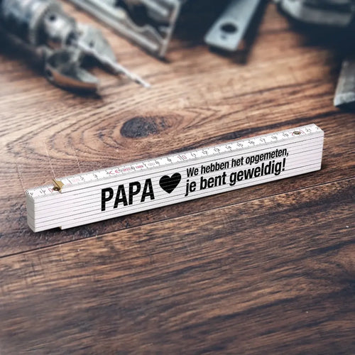Gepersonaliseerde houten duimstok voor papa met custom ontwerp en namen, 2 meter meetlint – Motiv 2
