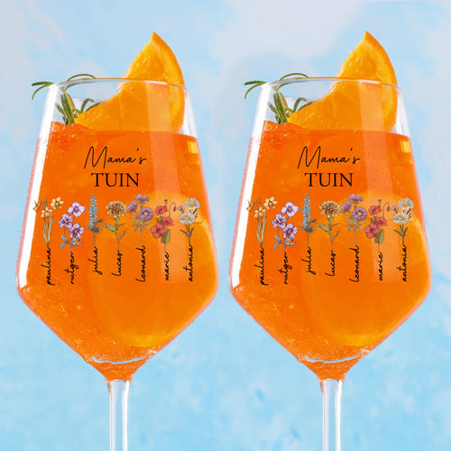 Gepersonaliseerd aperolglas met namen en bloemenprint – Mama's tuin design – Motiv 2