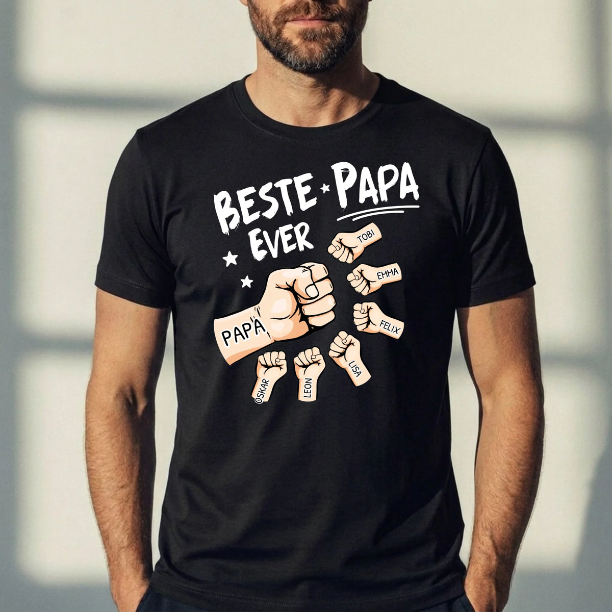 Gepersonaliseerd papa t-shirt zwart/navy met opdruk 'Beste Papa Ever', 100% katoen, machinewasbaar