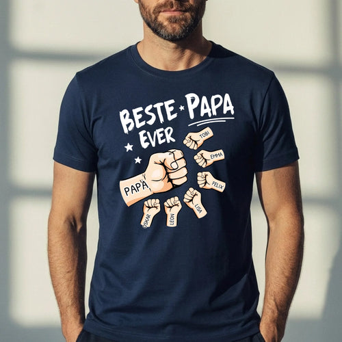 Gepersonaliseerd papa t-shirt zwart/navy met opdruk 'Beste Papa Ever', 100% katoen, machinewasbaar – Motiv 2