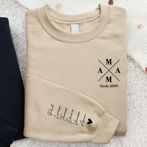 Mama sweater met aangepaste kindernamen en modern design, gemaakt van aaibaar materiaal