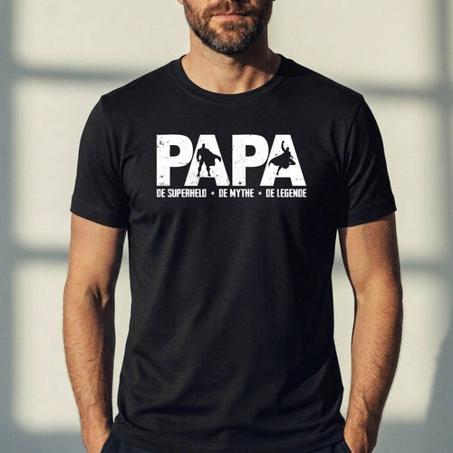 Gepersonaliseerd papa T-shirt 'De Mythe, de Legende' met aangepaste familienamen in DTF-print