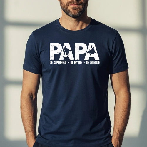 Gepersonaliseerd papa T-shirt 'De Mythe, de Legende' met aangepaste familienamen in DTF-print – Motiv 2