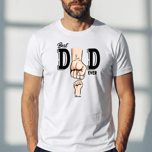 Zwart papa T-shirt 'Beste papa ter wereld' met persoonlijke naamopdruk in hoogwaardige DTF-kwaliteit