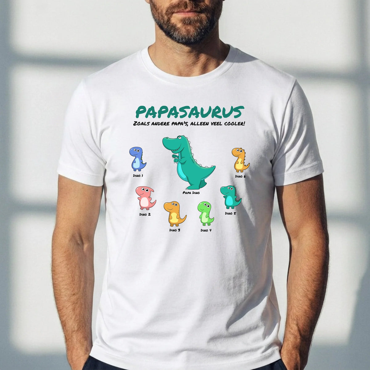 Papasaurus vaders T-shirt met persoonlijke namenopdruk, 100% katoen