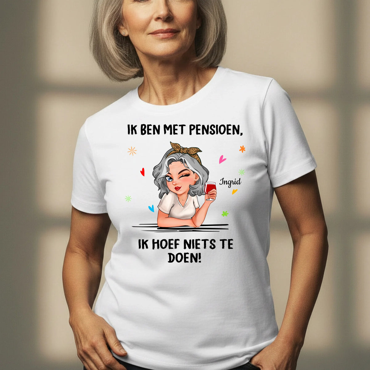 Gepersonaliseerd T-shirt voor gepensioneerden met grappige opdruk 'Ik hoef niets te doen', 100% katoen