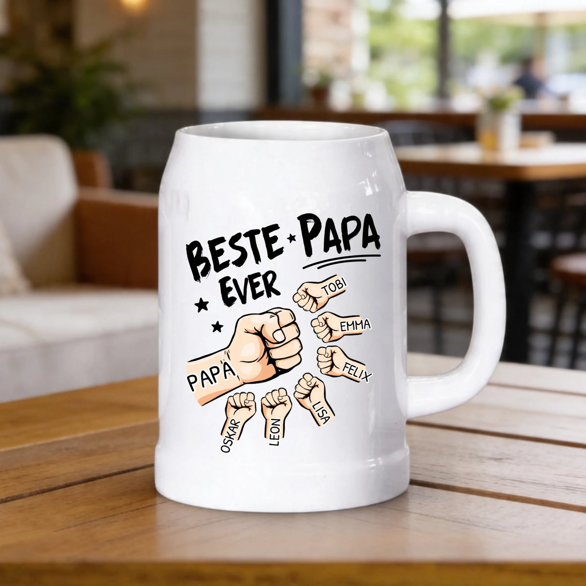 Gepersonaliseerde keramische bierpul 'Beste papa ever' met aangepaste namen en design voor papa en opa