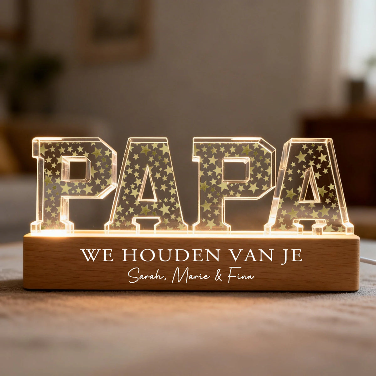 Gepersonaliseerde LED-acrylaufsteller Sterren met kindernamen, verlicht ontwerp voor papa en mama