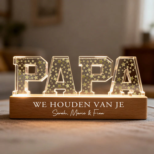 Gepersonaliseerde LED-acrylaufsteller Sterren met kindernamen, verlicht ontwerp voor papa en mama