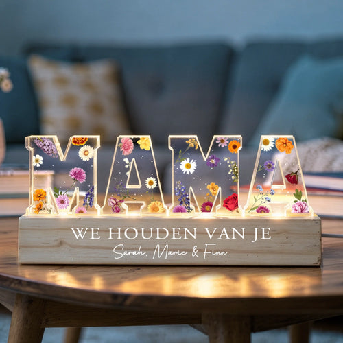 Gepersonaliseerde LED-acrylaufsteller Bloemen met kindernamen voor mama