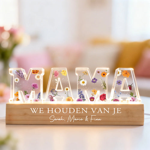 Gepersonaliseerde LED-acrylaufsteller Bloemen met kindernamen voor mama – Motiv 2