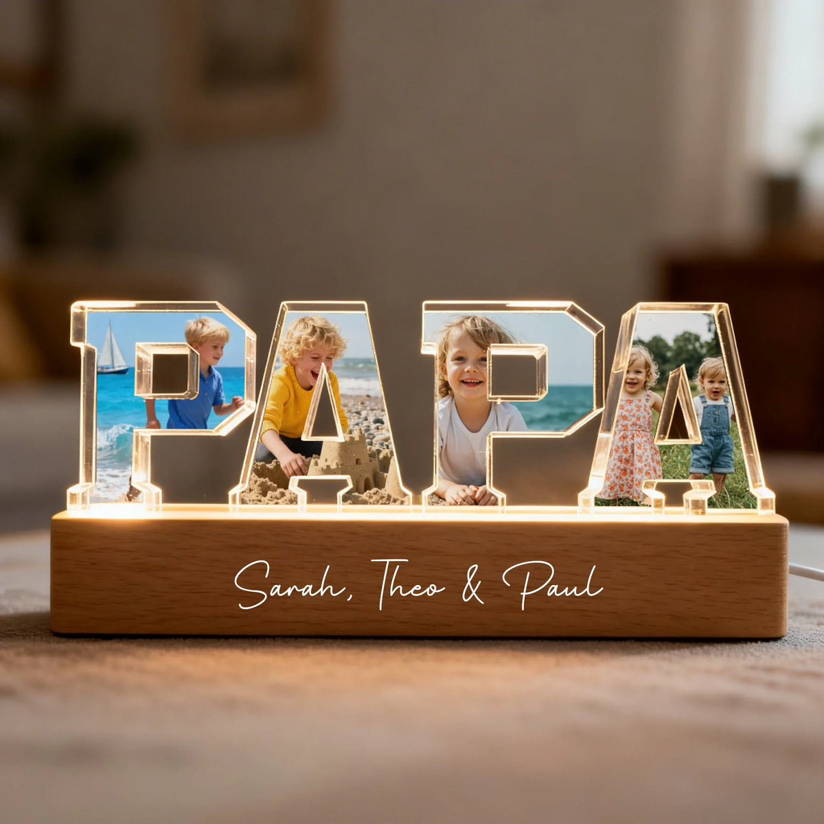 Gepersonaliseerde LED-acrylaufsteller Papa met foto's en namen van kinderen, verlicht decoratieartikel