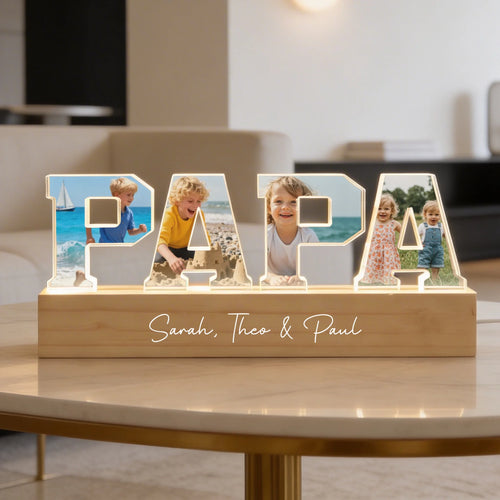 Gepersonaliseerde LED-acrylaufsteller Papa met foto's en namen van kinderen, verlicht decoratieartikel – Motiv 2