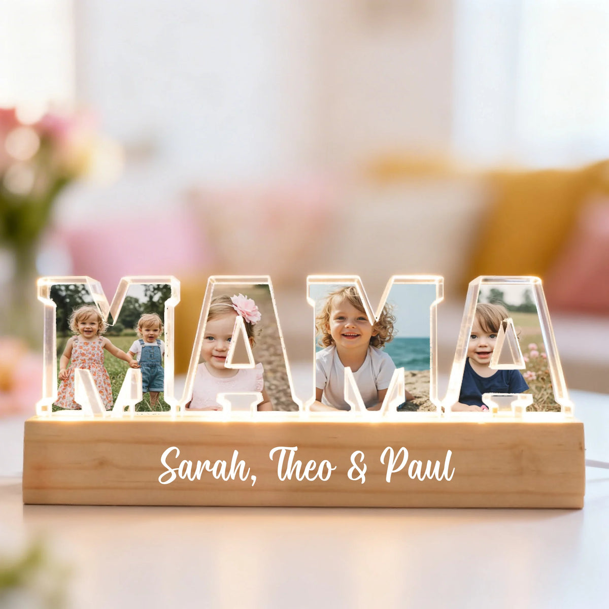 Gepersonaliseerde LED-standaard Mama met foto's en namen van kinderen, acryl acrylaufsteller