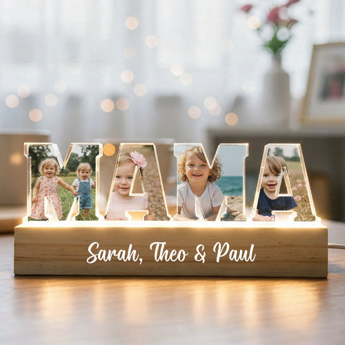 Gepersonaliseerde LED-standaard Mama met foto's en namen van kinderen, acryl acrylaufsteller – Motiv 2