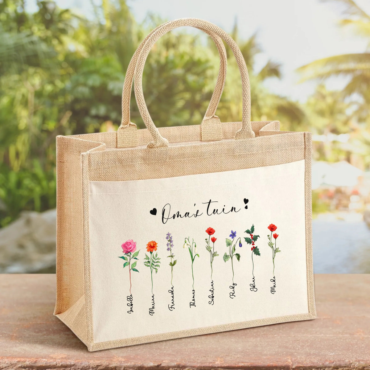 Grootouders-Tas Oma's tuin met personaliseerbare print en stevige handgrepen