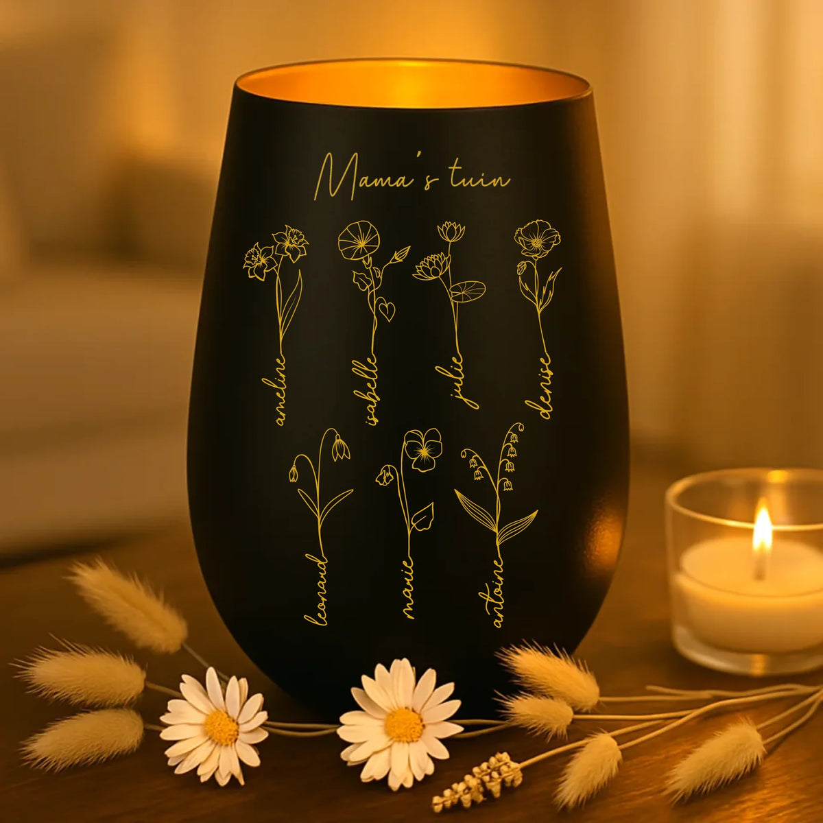 persoonlijk cadeau - zwart-goud windlicht met naamgravure - handgemaakt door Love & Faith