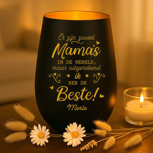 persoonlijk cadeau - zwart-goud windlicht met naamgravure - handgemaakt door Love & Faith