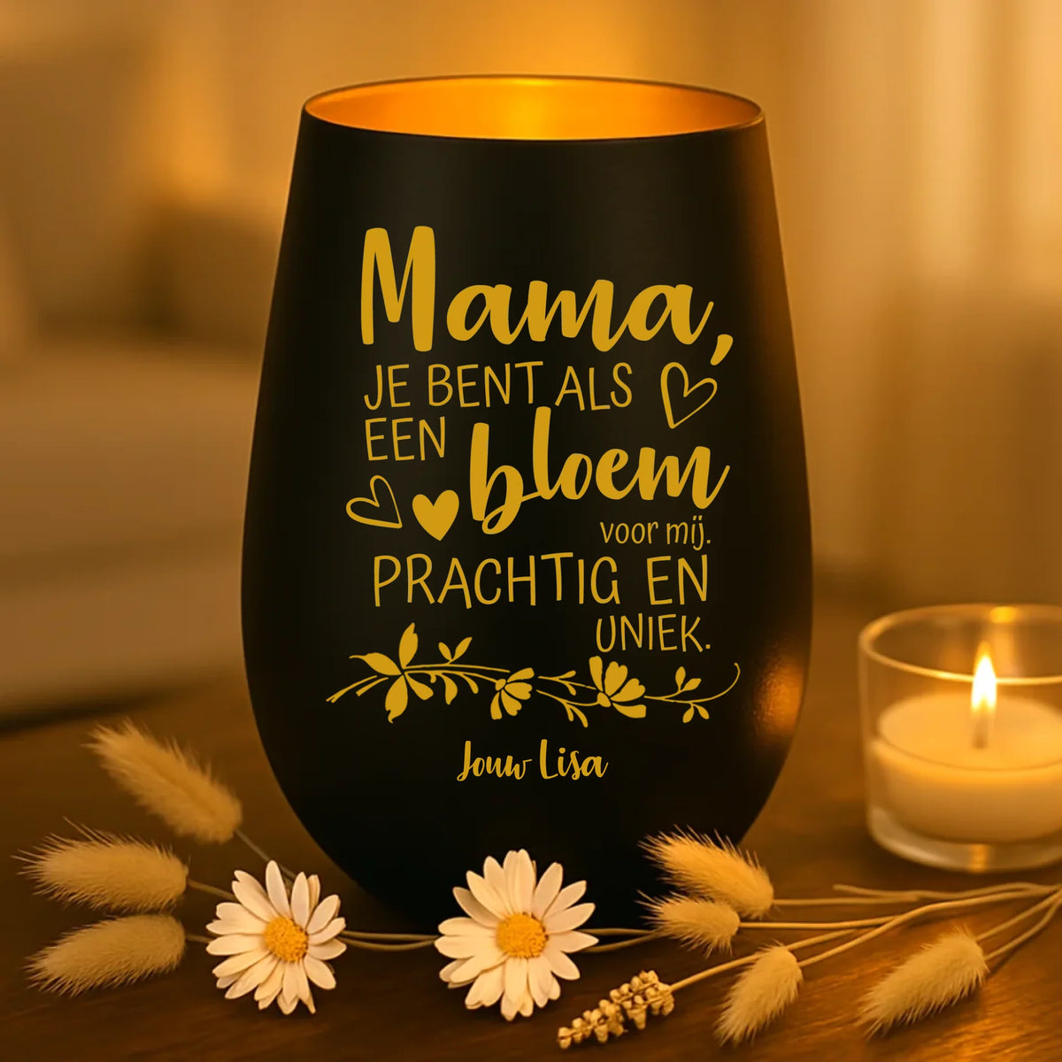 persoonlijk cadeau - zwart-goud windlicht met naamgravure - handgemaakt door Love & Faith