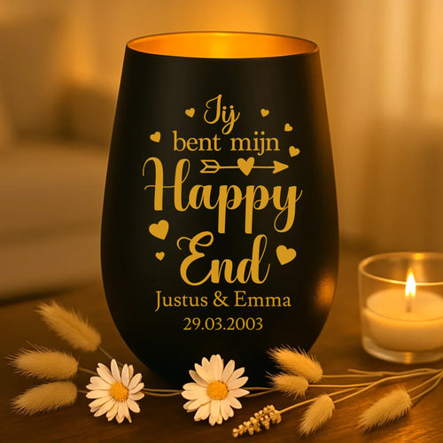 persoonlijk cadeau - zwart-goud windlicht met naamgravure - handgemaakt door Love & Faith