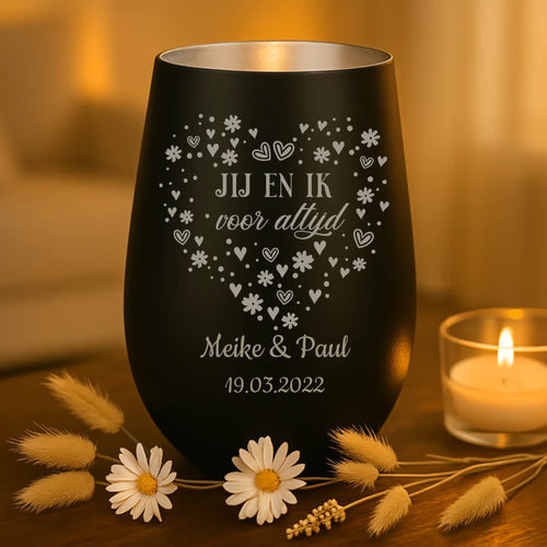 Persoonlijk cadeau - zwart-zilver windlicht met naamgravure - handgemaakt door Love & Faith
