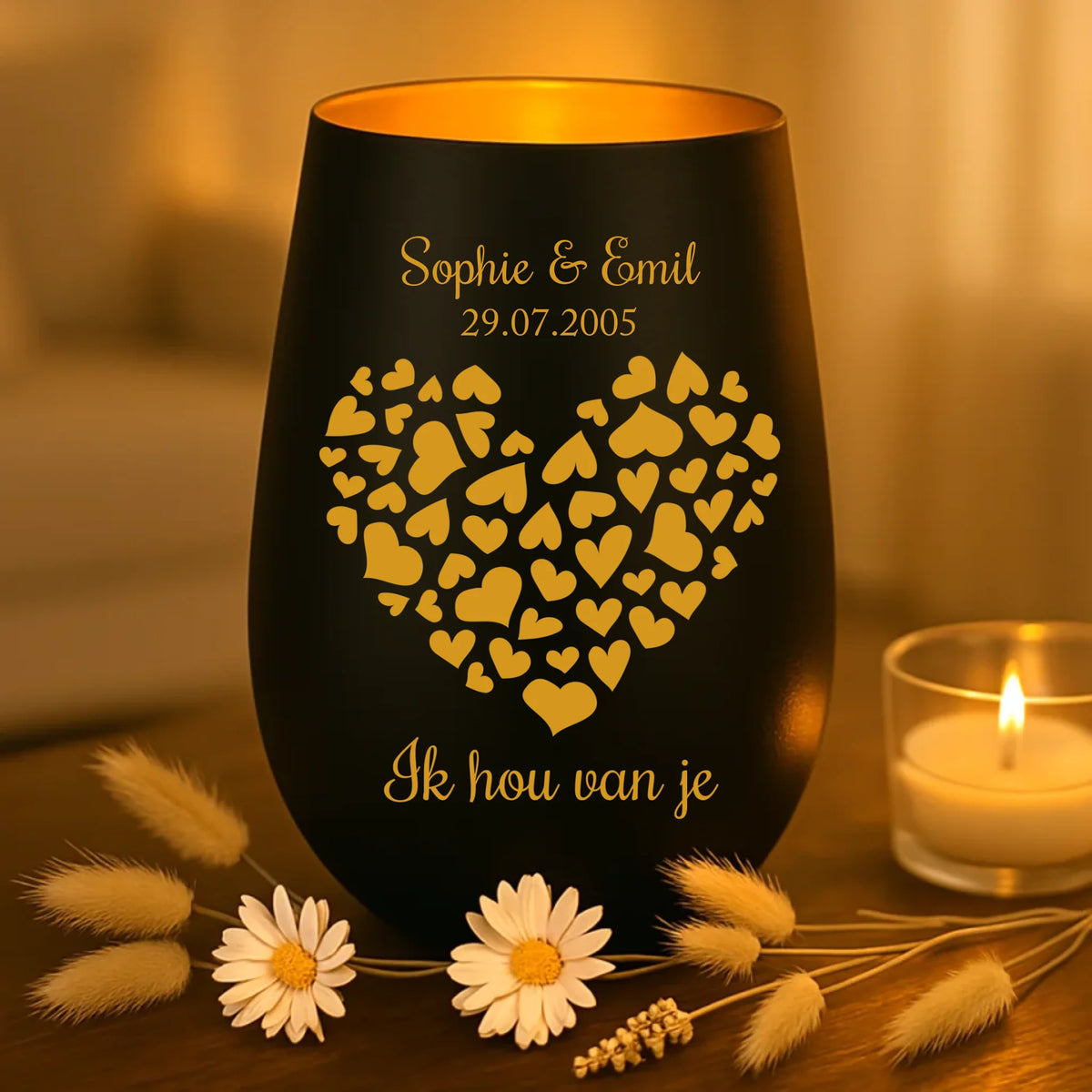 persoonlijk cadeau - zwart-goud windlicht met naamgravure - handgemaakt door Love & Faith