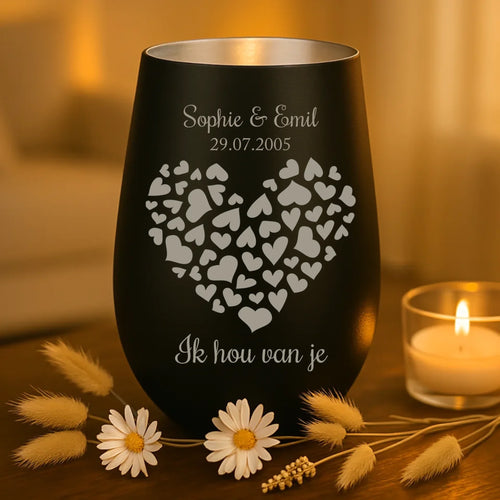 Persoonlijk cadeau - zwart-zilver windlicht met naamgravure - handgemaakt door Love & Faith