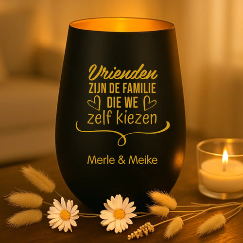 persoonlijk cadeau - zwart-goud windlicht met naamgravure - handgemaakt door Love & Faith