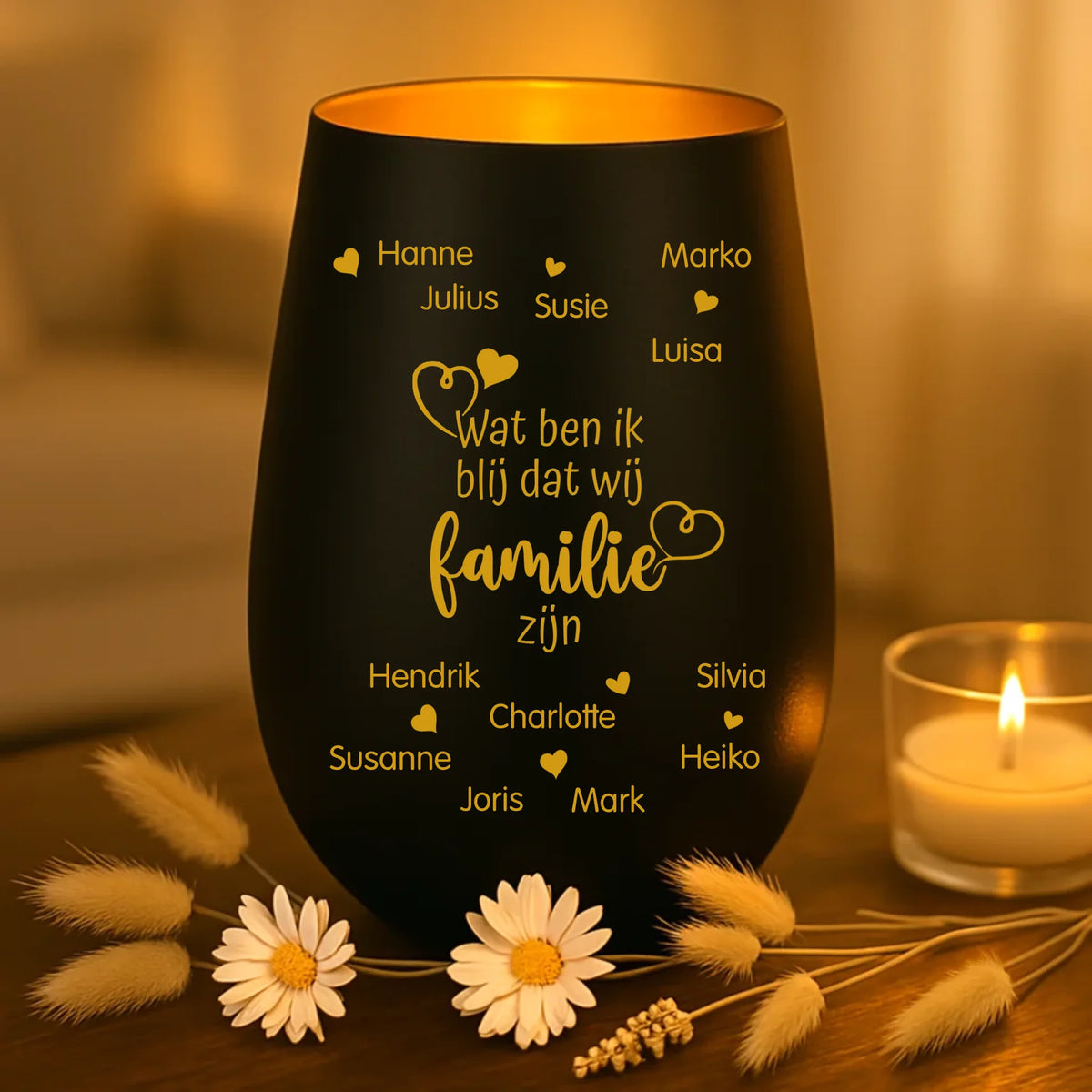 persoonlijk cadeau - zwart-goud windlicht met naamgravure - handgemaakt door Love & Faith