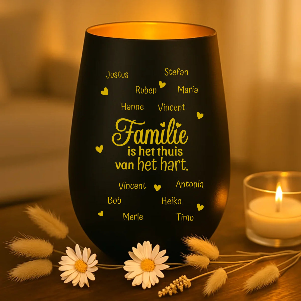 persoonlijk cadeau - zwart-goud windlicht met naamgravure - handgemaakt door Love & Faith