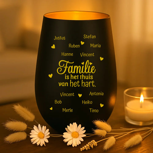 persoonlijk cadeau - zwart-goud windlicht met naamgravure - handgemaakt door Love & Faith