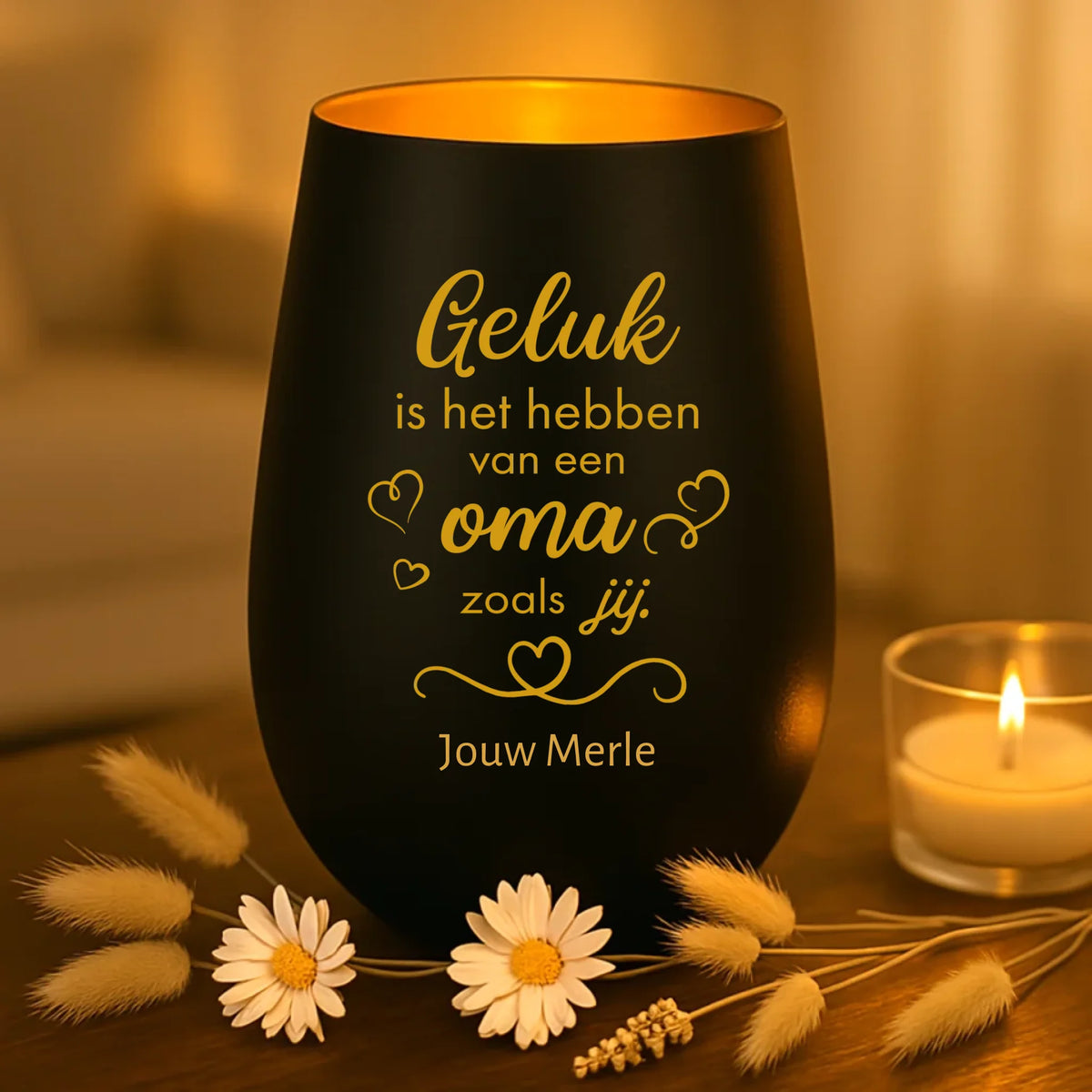 persoonlijk cadeau - zwart-goud windlicht met naamgravure - handgemaakt door Love & Faith