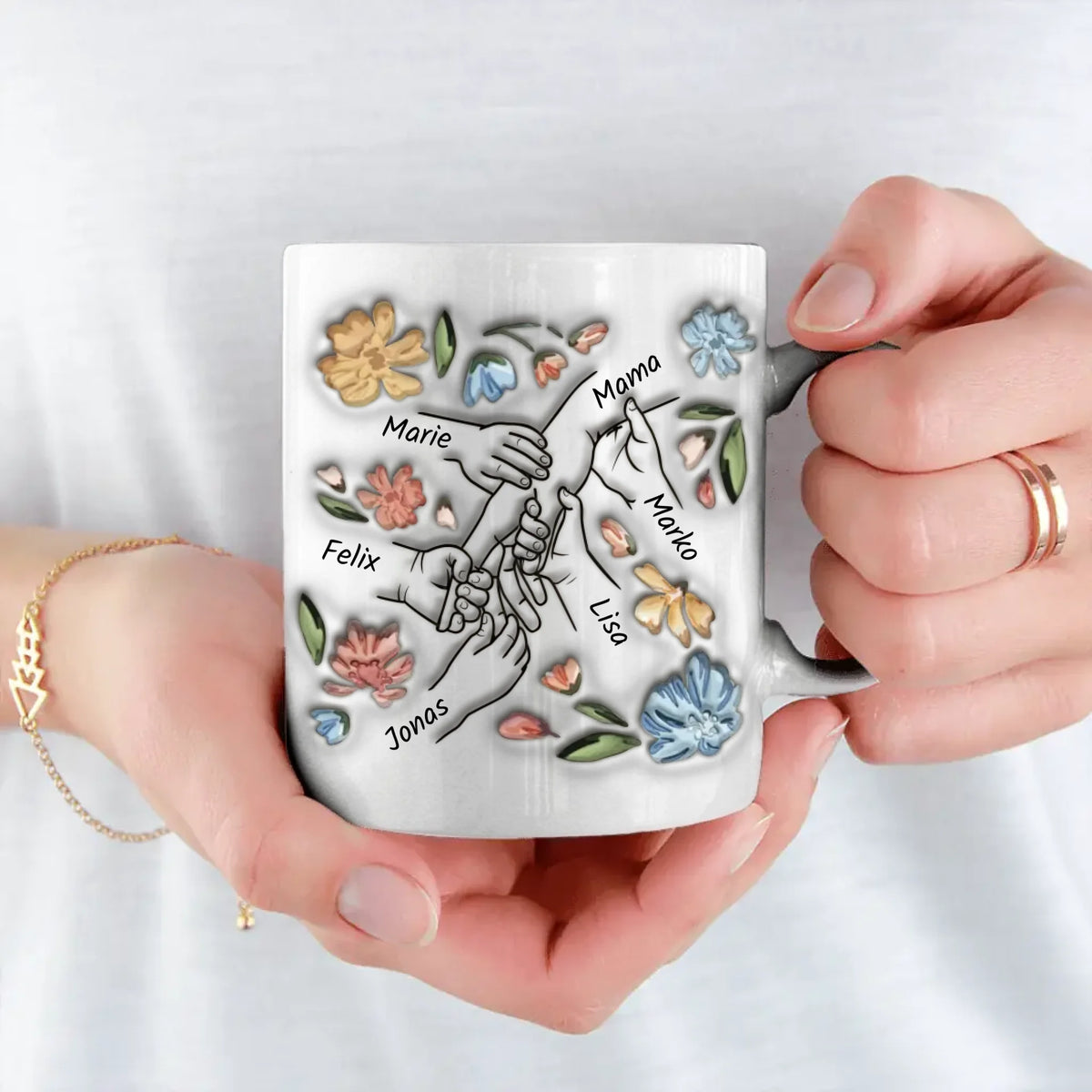 Gepersonaliseerde keramische mok Mama met 3D-look en familienamen