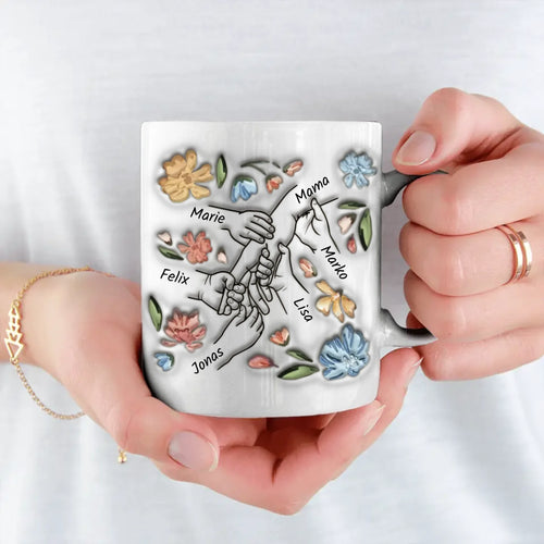Gepersonaliseerde keramische mok Mama met 3D-look en familienamen