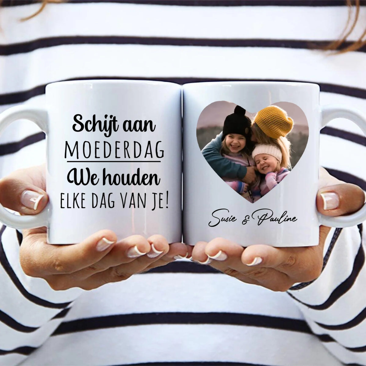 Personaliseerde keramieke Moederdag-mok met opdruk namen, geschikt als ouderscadeau