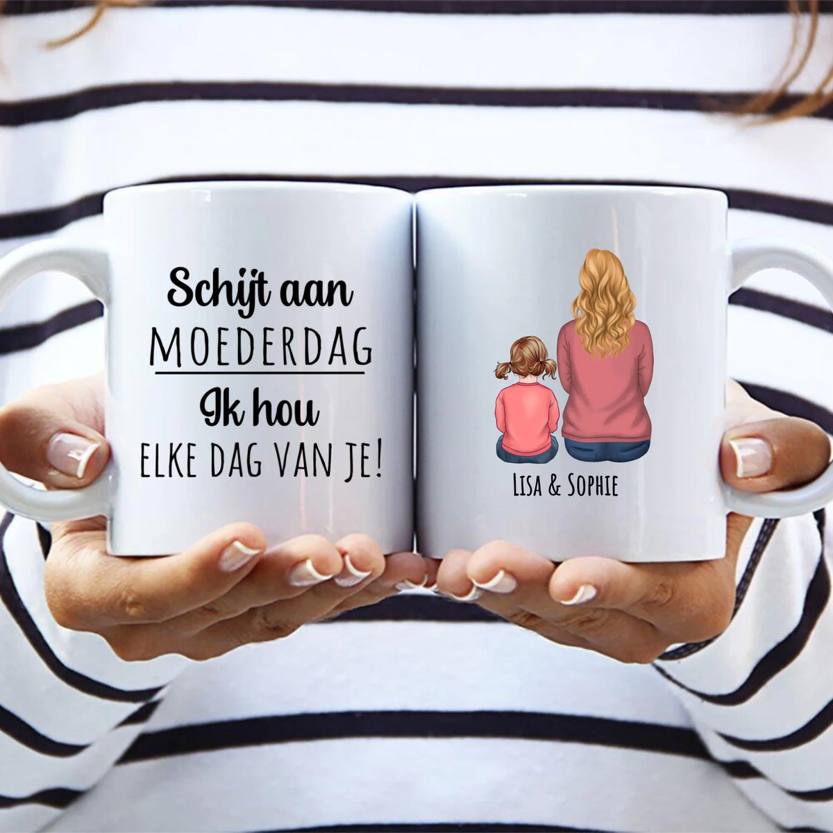 Personaliseerde keramieken ouders-mok Elke dag met haarscherpe naamdruk en custom design