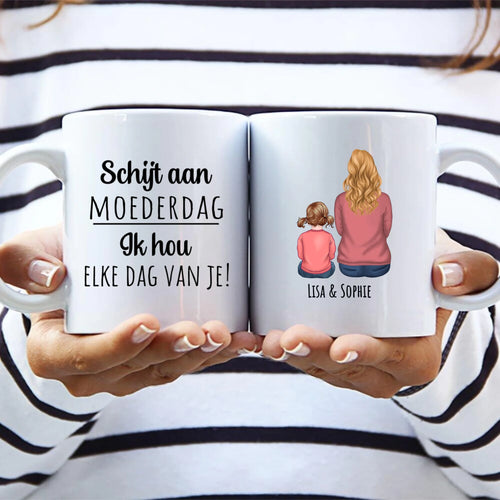 Personaliseerde keramieken ouders-mok Elke dag met haarscherpe naamdruk en custom design