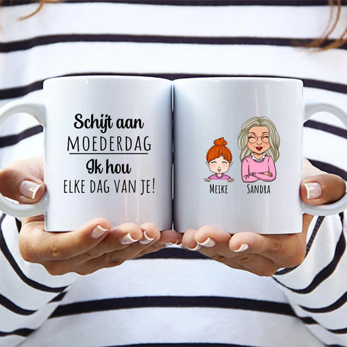Persoonlijke keramieken ouders-mok met namen en 'We houden van je' opdruk