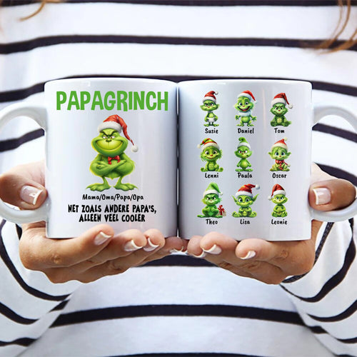 Gepersonaliseerde keramieken ouders-mok Grinchy met aangepaste namen, ideaal als cadeau