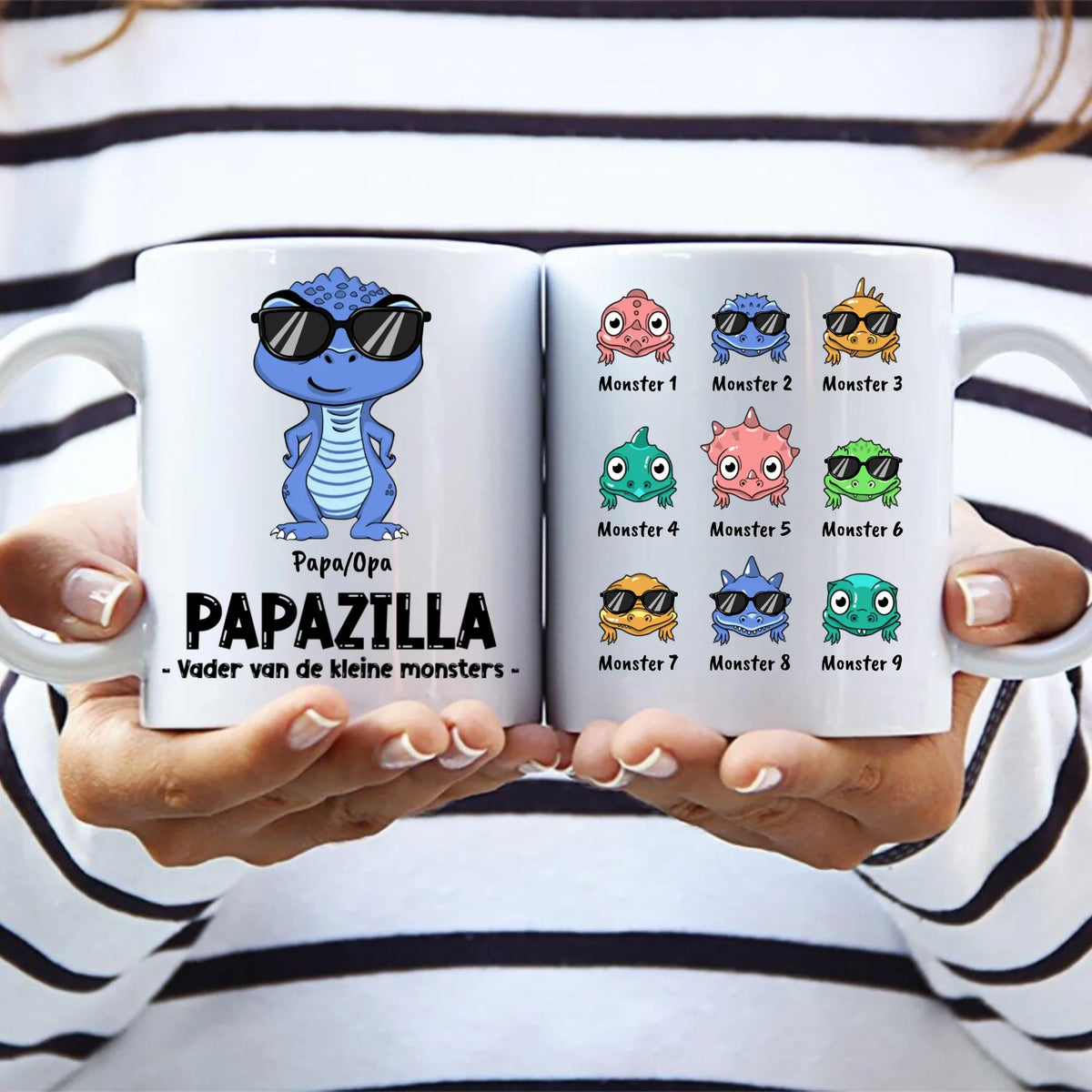Personaliseerbare keramische ouders-mok Papazilla met custom namen-opdruk voor papa