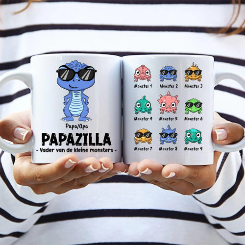 Personaliseerbare keramische ouders-mok Papazilla met custom namen-opdruk voor papa