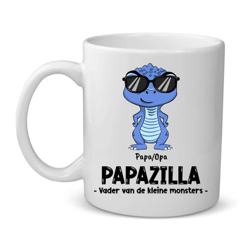 Personaliseerbare keramische ouders-mok Papazilla met custom namen-opdruk voor papa – Motiv 2