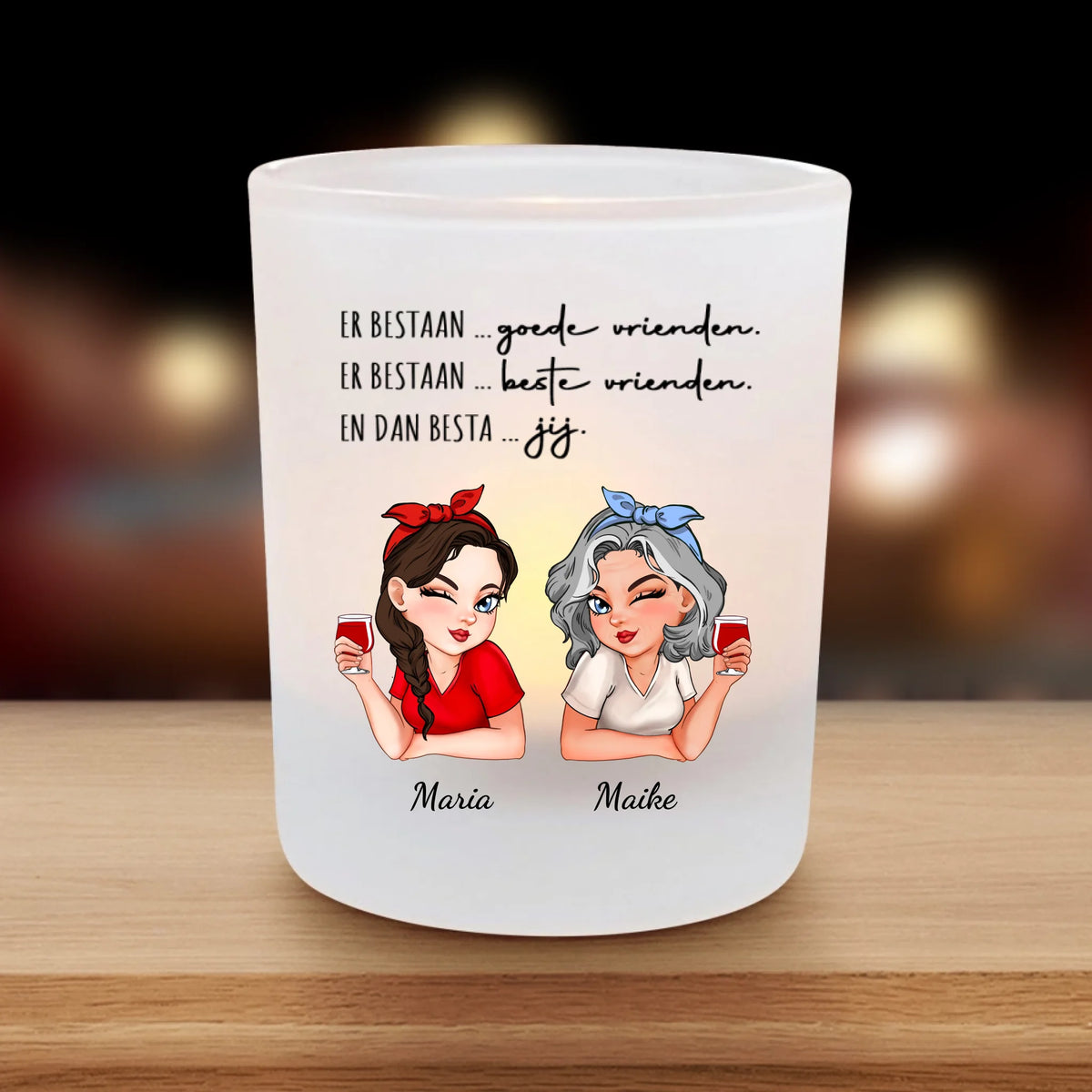 Gepersonaliseerde premium teelichthouder van glas met satijnen afwerking en persoonlijke namenprint voor vriendinnen